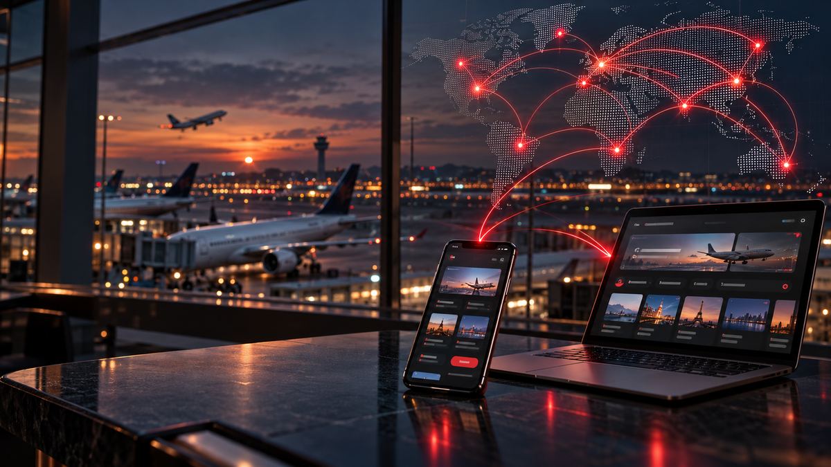 Airport terminal at sunset with a phone and laptop showing travel bookings and global network connections